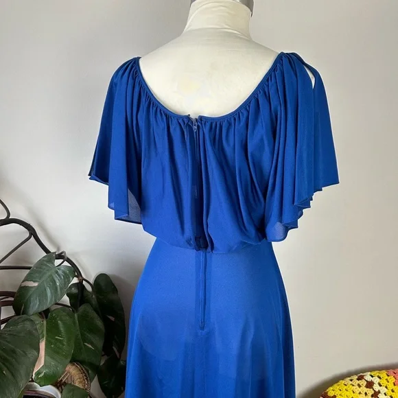 Vintage 70’s Young Edwardian Royal Blue Angel Sleeve Sheer Midi Dress - Picture 9 of 14